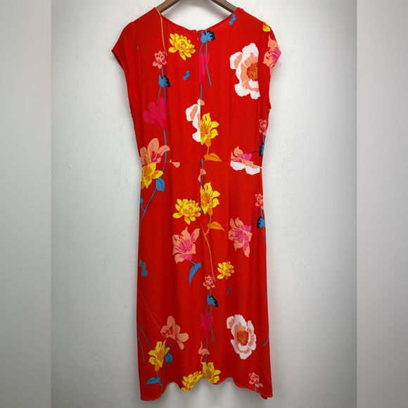 Loft size 10 Women’s Red Floral Lily Cap Sleeve Side Slit Midi Dress - Picture 8 of 9